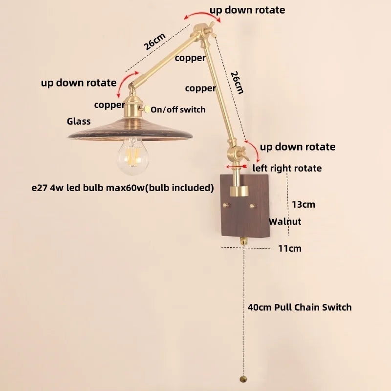 DecorBites™ Cube Glass LED Wall Sconce Walnut Wood 2 Arms Rotatable Mirror Light