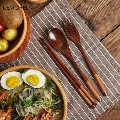 DecorBites™ Japanese Wooden Utensil Set - Premium 3-Piece Dining Collection