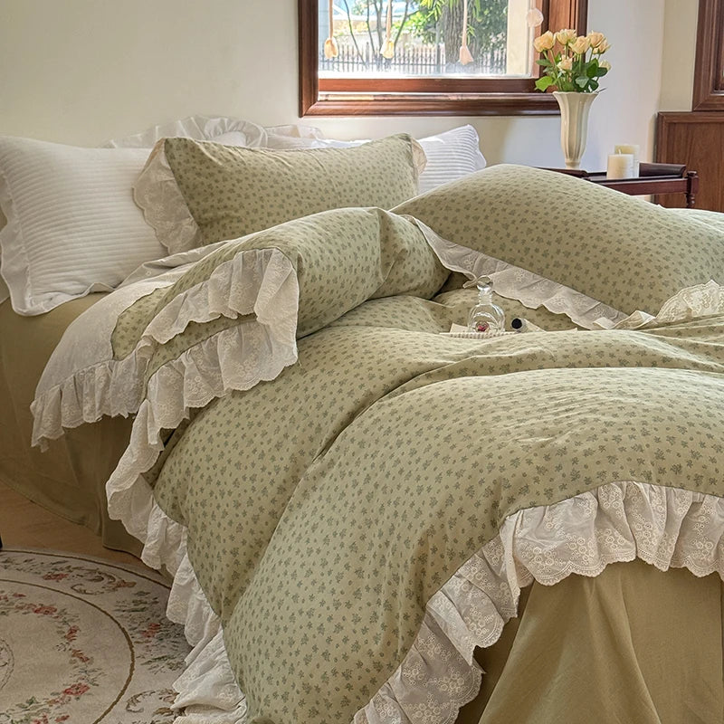 DecorBites™ Elegant Floral Lace Ruffles Bedding Set with Double Yarn - Soft Cotton Blend