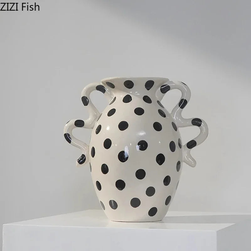 DecorBites™ Black Polka Dot Ceramic Vase for Table Flower Arrangement and Room Decor