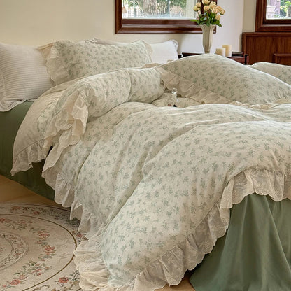 DecorBites™ Elegant Floral Lace Ruffles Bedding Set with Double Yarn - Soft Cotton Blend