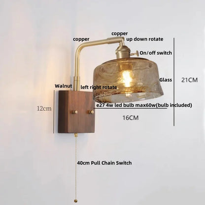 DecorBites™ LED Wall Light Walnut Wood Rotate Copper Bedside Lamp