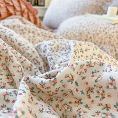 DecorBites™ Double Layer Lace Ruffles Floral Bedding Set with Duvet Cover, Bed Skirt, Pillows