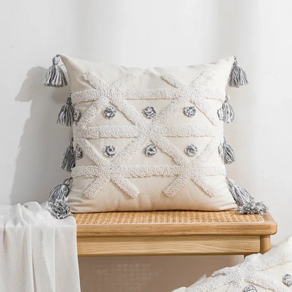 DecorBites™ Geometric Tufted Tassel Cushion Cover White Grey Bohemian Decor Pillow Cover