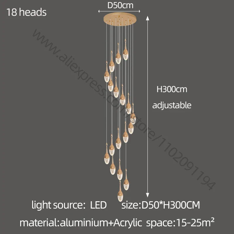 DecorBites™ Gold LED Staircase Chandelier: Elegant Luxury Large Pendant Lamp for Living Room