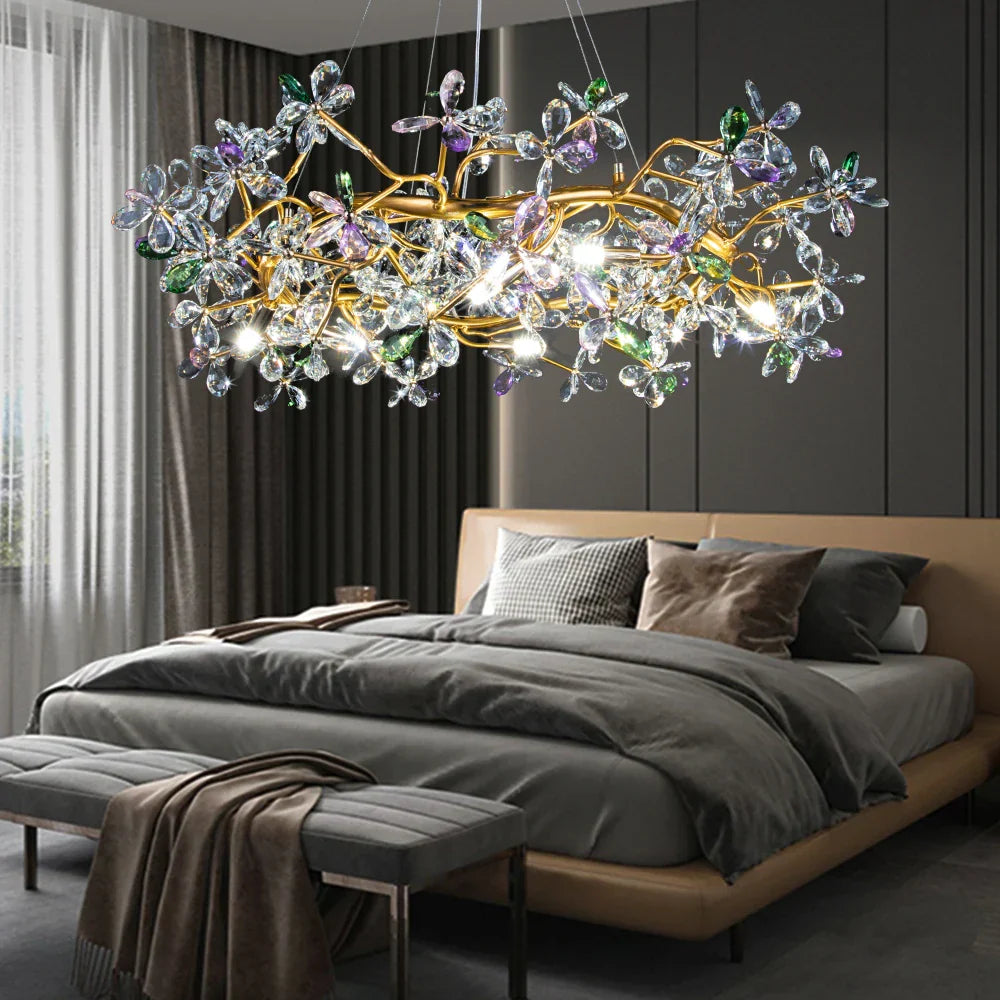 DecorBites™ Crystal Flowers Chandelier Gold LED Tree Branch Luxury Chandelier