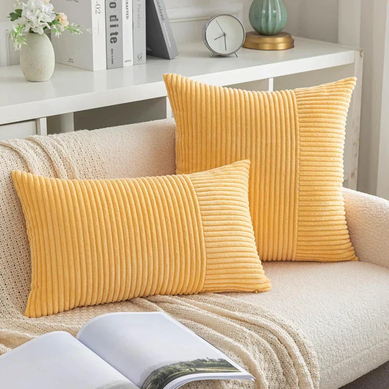 DecorBites™ Corduroy Striped Patchwork Throw Pillow Covers Set, Farmhouse Style Yellow Classic Pillowcases
