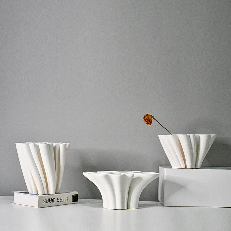 DecorBites™ Geometric Ceramic Fold Pattern Flower Vase Decorative Home Ornament