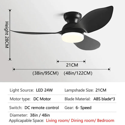 DecorBites™ 48" Black Low Floor Ceiling Fan with Modern Design and LED Light