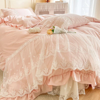 DecorBites™ French Princess Lace Ruffles Bedding Set, 100% Cotton, Pink Romantic Theme