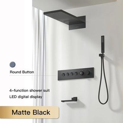 Luxury  black brass shower system wall-mounted LED digital display design Cold & hot dual-control 4-function ceiling shower Tap