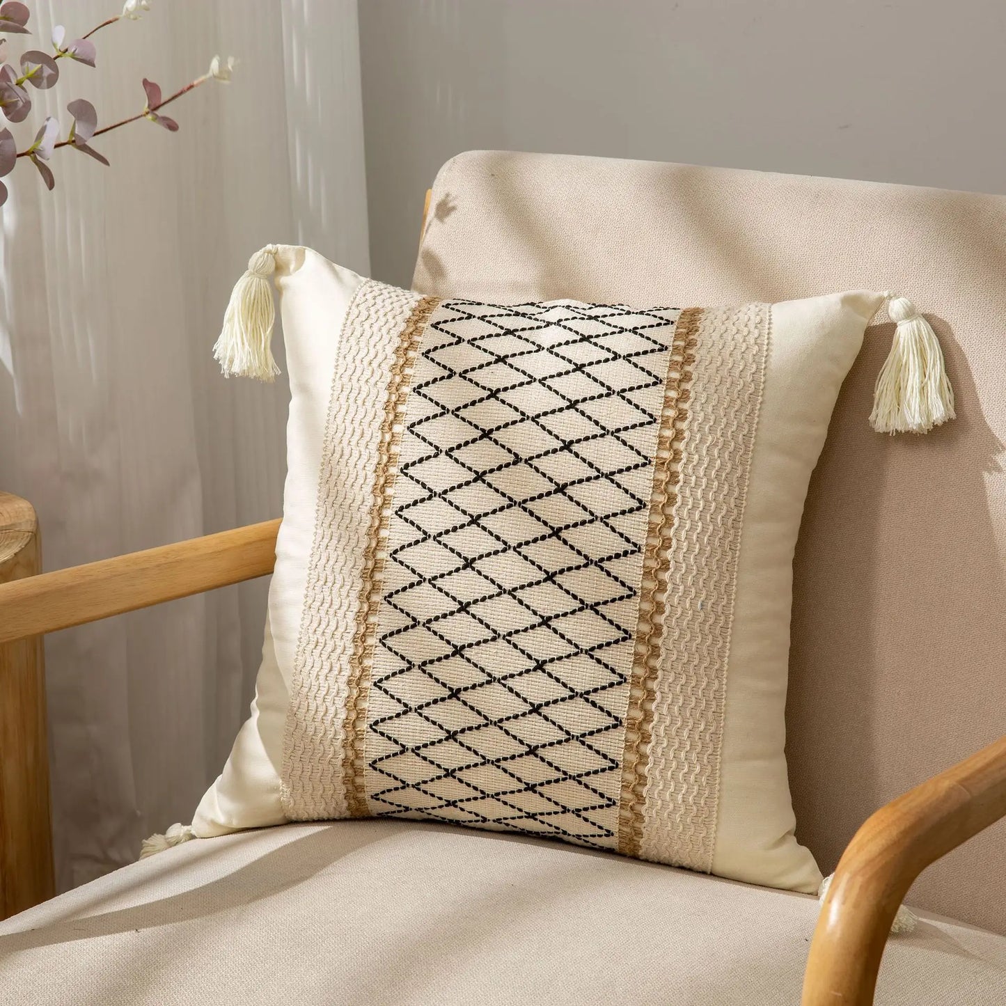 DecorBites™ Geometric Tassel Cushion Cover in Cotton and Linen for Living Room and Bedroom