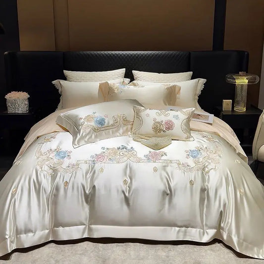 DecorBites™ Luxe Brocade Cotton Flowers Embroidery Bedding Set Cream/Champagne Patchwork