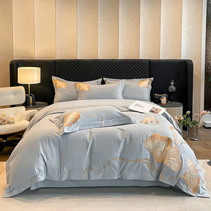 DecorBites™ Gold Ginkgo Leaf Embroidery Bedding Set - 100% Cotton Luxury 4Pcs