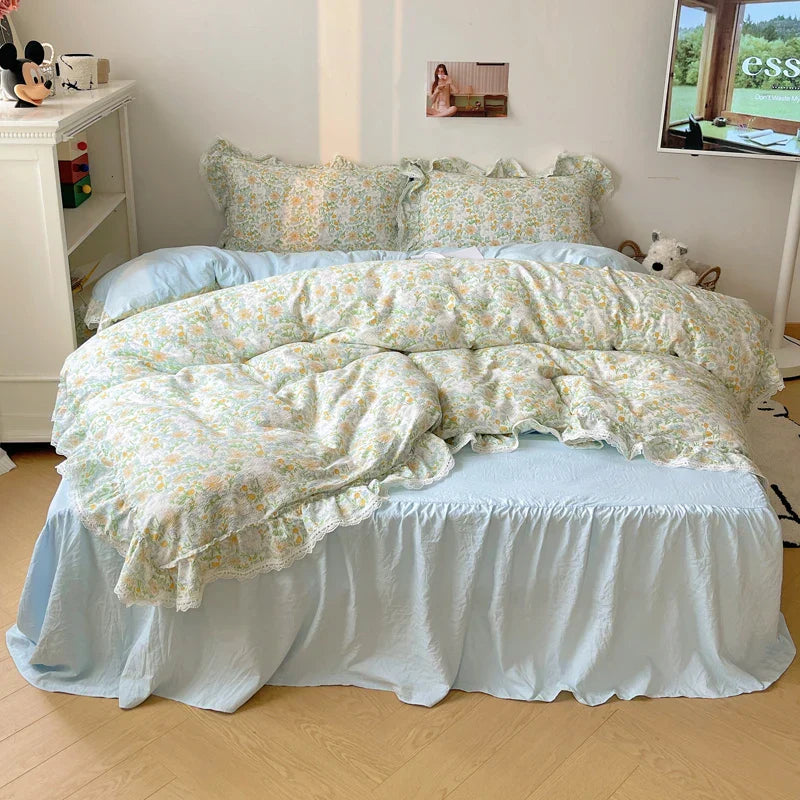 DecorBites™ Korean Lace Ruffles Bedding Set with Bed Skirt, Soft Skin-Friendly Material