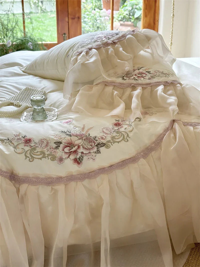 DecorBites™ Elegant Flowers Embroidery Lace Princess Wedding Bedding Set - 1200TC Cotton Duvet Cover