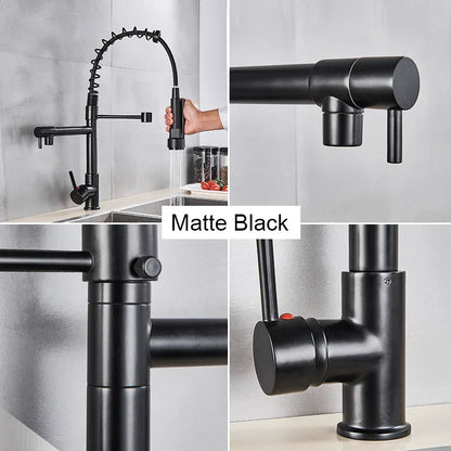 DecorBites™ Black Brass Kitchen Faucet with Dual Spout, 360 Rotation, Deck Mounted