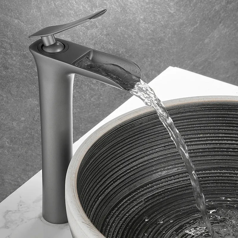 DecorBites™ Grey Waterfall Brass Basin Faucet - Hot Cold Mixer Tap for Bathroom Sink