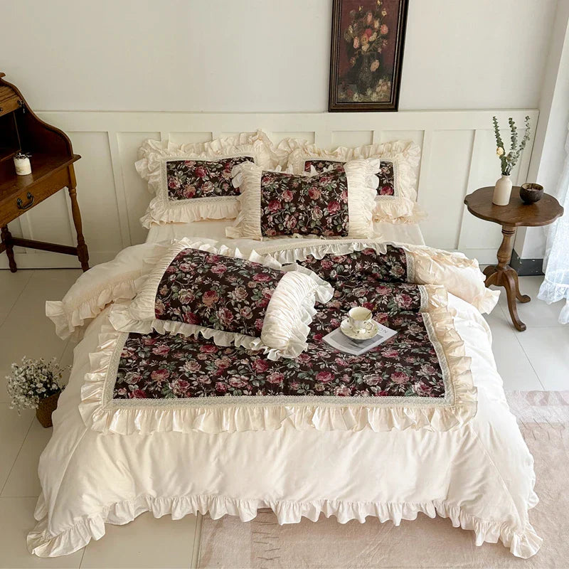 DecorBites™ French Rose Flowers Pattern Bedding Set, 100% Cotton, Ruffles, Duvet Cover, Bed Skirt
