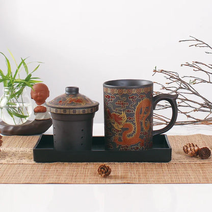 DecorBites™ Dragon Purple Clay Tea Mug with Lid Strainer, Handmade Yixing Teacup