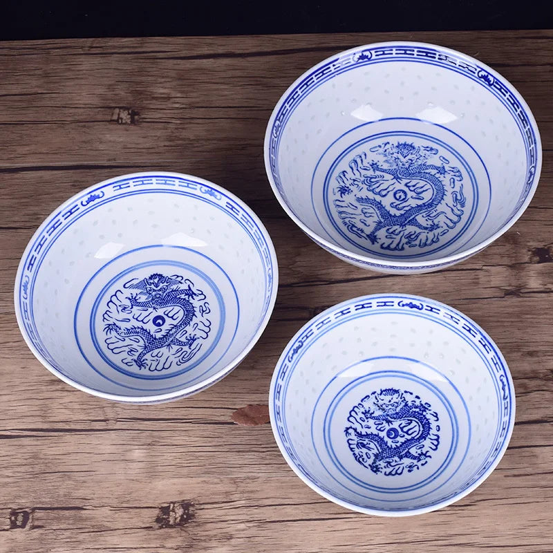 DecorBites™ Dragon Pattern Blue and White Porcelain Ramen Soup Bowl