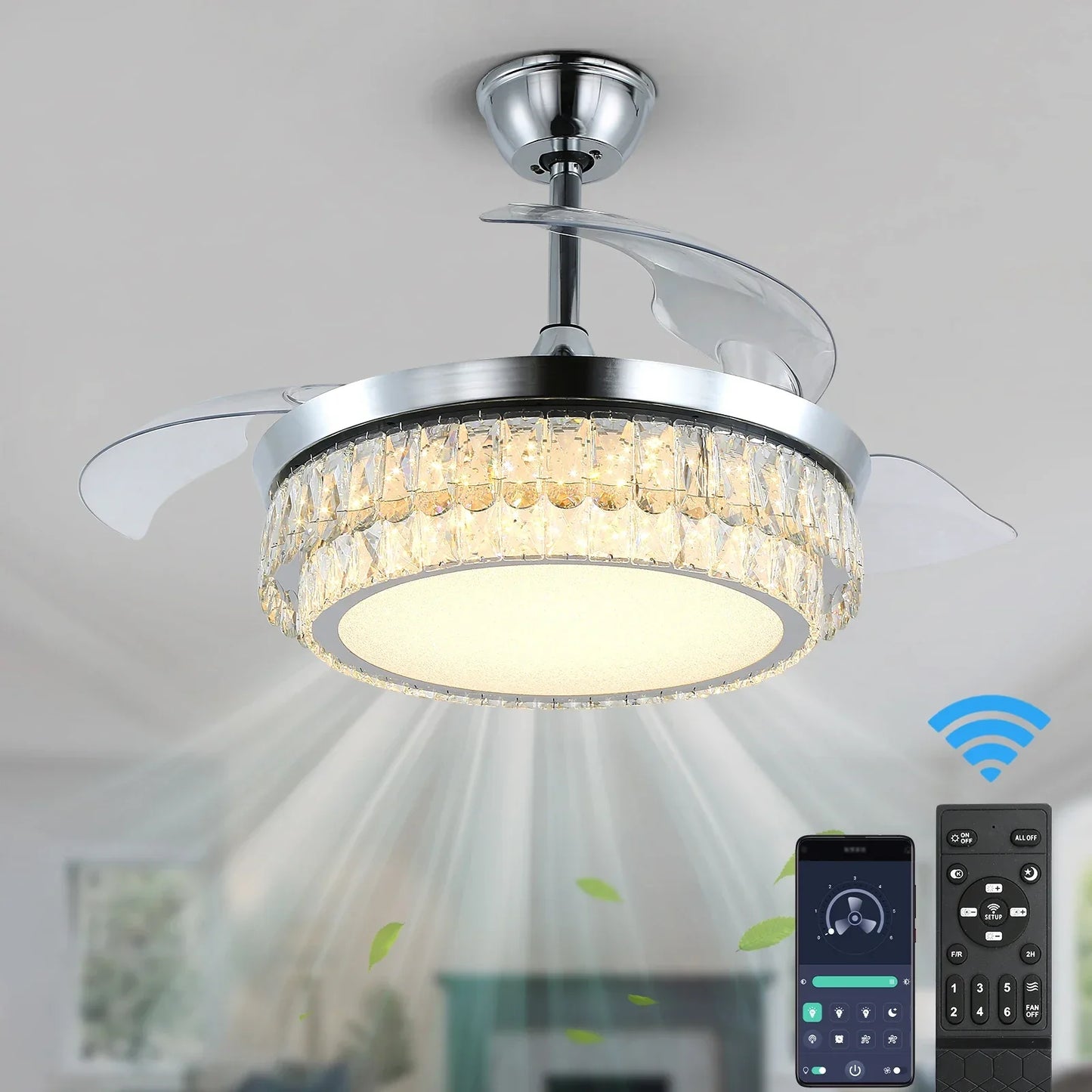 DecorBites™ Crystal Fan Chandelier LED Light Retractable Blades Dimmable Remote Modern Home Decor