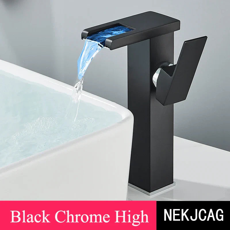 DecorBites™ LED Waterfall Basin Faucet: Black Mixer Tap with Light, Deck Mount Kitchen Sink