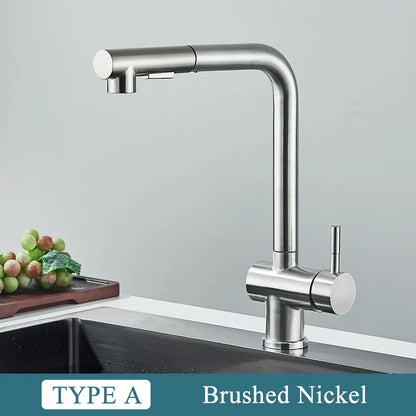 DecorBites™ Brushed Nickel Pull Out Kitchen Faucet Stainless Steel Tap Deck Install