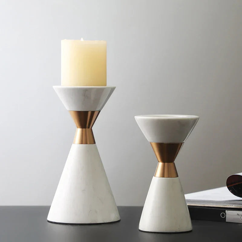 DecorBites™ Golden Metal & White Volakos Marble Wedding Candlesticks