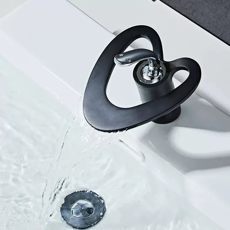DecorBites™ Golden/White Basin Faucet: Black Brass Waterfall Sink Mixer Tap, Hot & Cold.