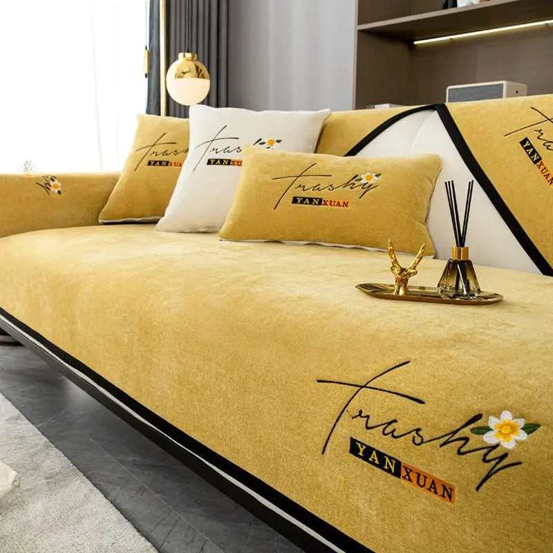 Soft Chenille Embroidery Four Season Universal Sofa Towel, L-shaped Sectional Anti-slip Sofa Cover for Living Room