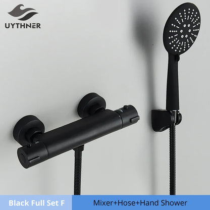 DecorBites™ Black/Chrome Thermostatic Shower Set with Brass Wall Mount Mixer Handle Spray