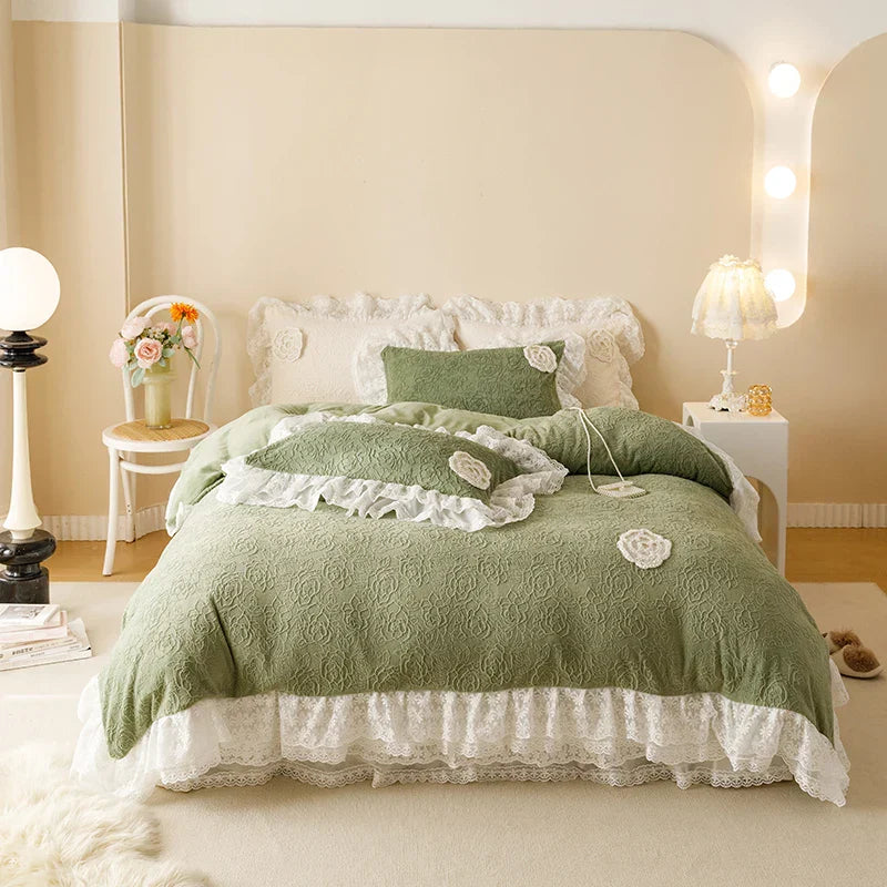 DecorBites™ Luxe Carved Velvet Lace Ruffles Bedding Set with Quilted Bed Skirt