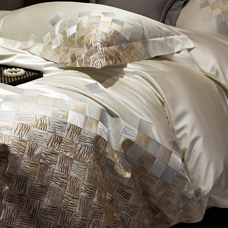 DecorBites™ 4-Piece Luxury Embroidery Bedding Set in Pearl White/Grey Satin Brocade Cotton