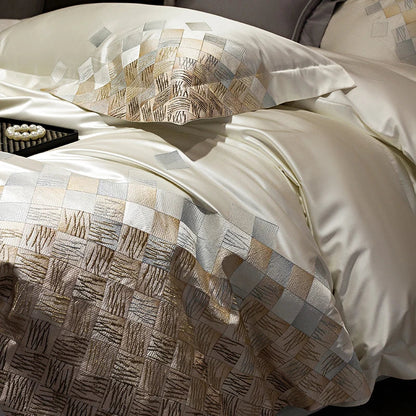 DecorBites™ 4-Piece Luxury Embroidery Bedding Set in Pearl White/Grey Satin Brocade Cotton