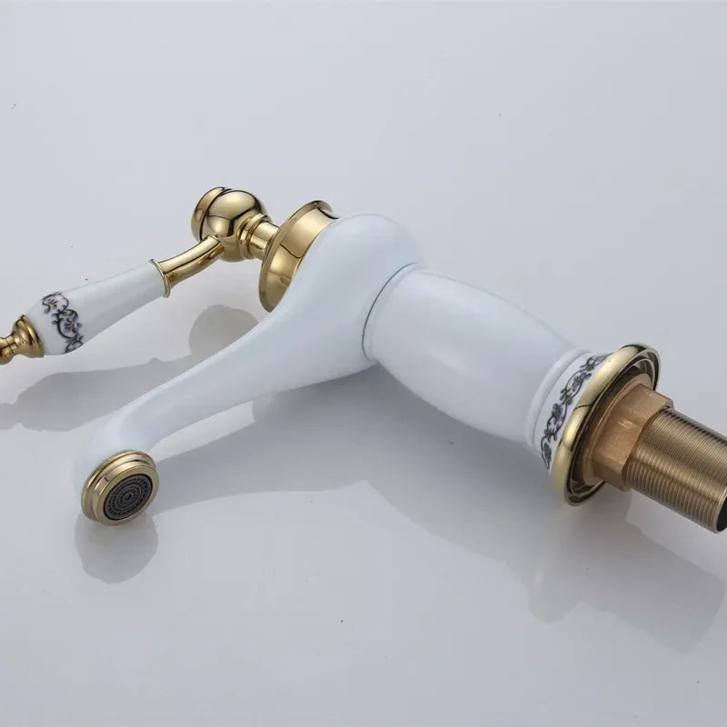 Gold Ceramic Basin Faucet White Ceramic Body