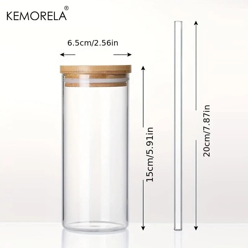 DecorBites™ 4-Piece Set Clear Glass Tumbler Cups with Bamboo Lids and Straws - 600ML