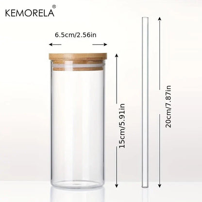 DecorBites™ 4-Piece Set Clear Glass Tumbler Cups with Bamboo Lids and Straws - 600ML