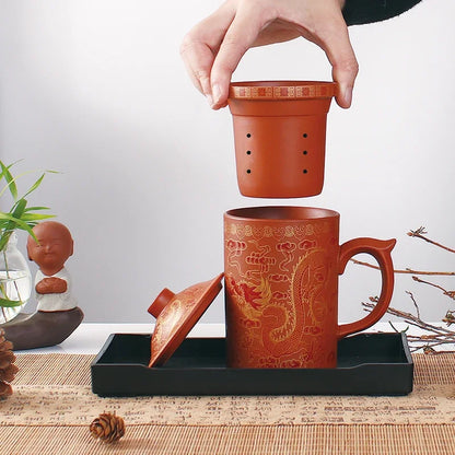 DecorBites™ Dragon Purple Clay Tea Mug with Lid Strainer, Handmade Yixing Teacup