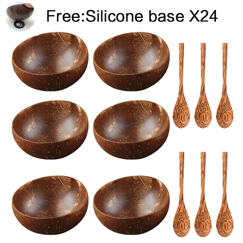 DecorBites™ Coconut Bowl Set with Wooden Spoon: Natural Handmade Tableware for Desserts, Fruits, Salads