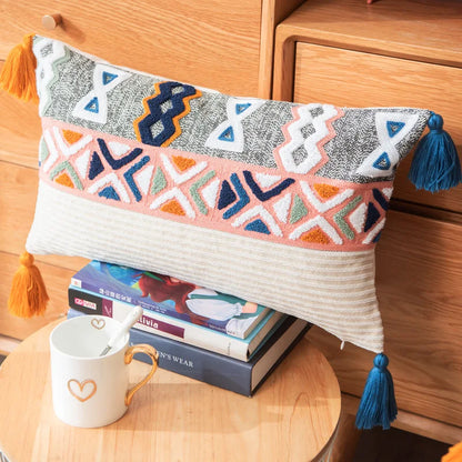 DecorBites™ Embroidered Blue Tufted Boho Pillow Cover with Tassel, Lumbar Decorative Cushion