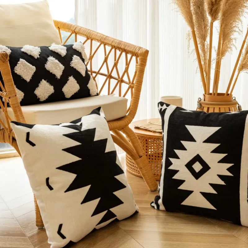 DecorBites™ Geometric Embroidered Cushion Cover - Modern Black & White Pillowcase for Home Sofa