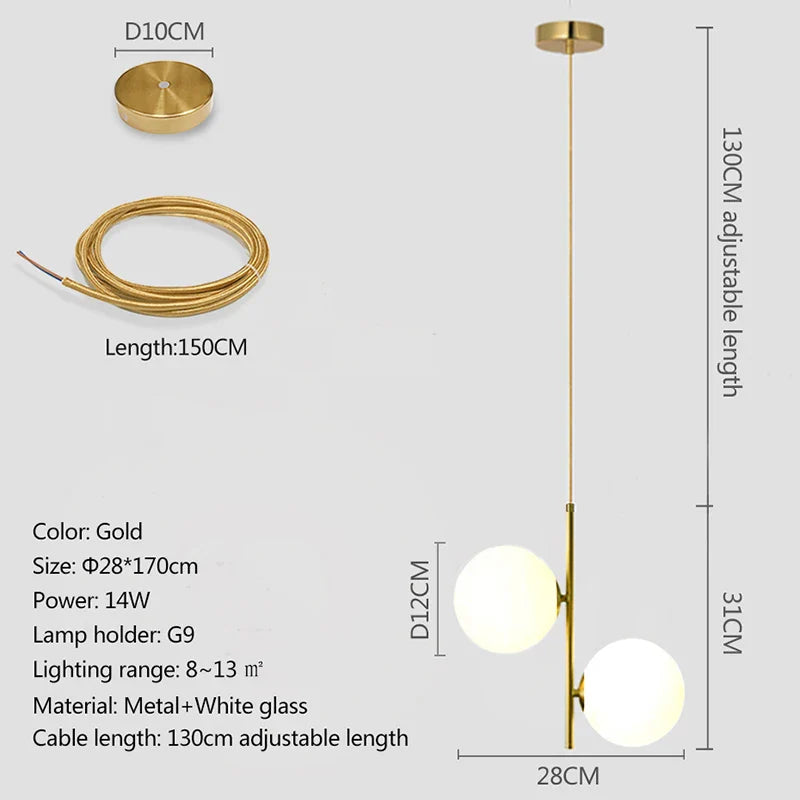 Nordic Glass Globe Pendant Light in Gold and White