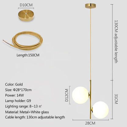 Nordic Glass Globe Pendant Light in Gold and White