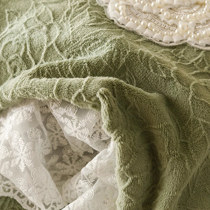 DecorBites™ Luxe Carved Velvet Lace Ruffles Bedding Set with Quilted Bed Skirt