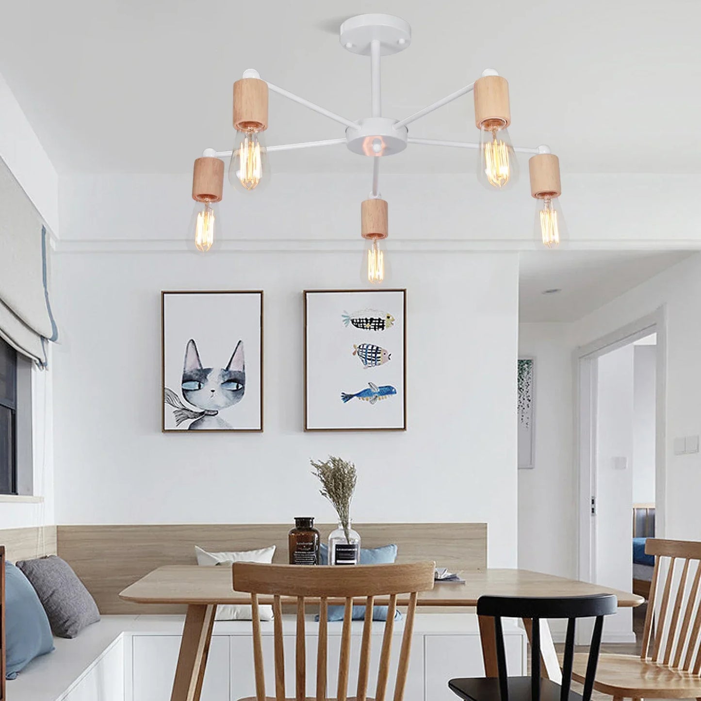 DecorBites™ Industrial Rod Iron Wood Sputnik Chandelier Ceiling Lamp LED E27 Home Lighting