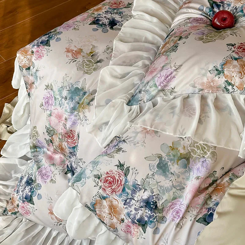 DecorBites™ French Flowers Lace Ruffles Princess Bedding Set with 1000TC Egyptian Cotton