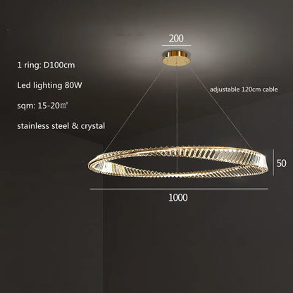 DecorBites™ Gold Steel Rings Crystal Pendant Light