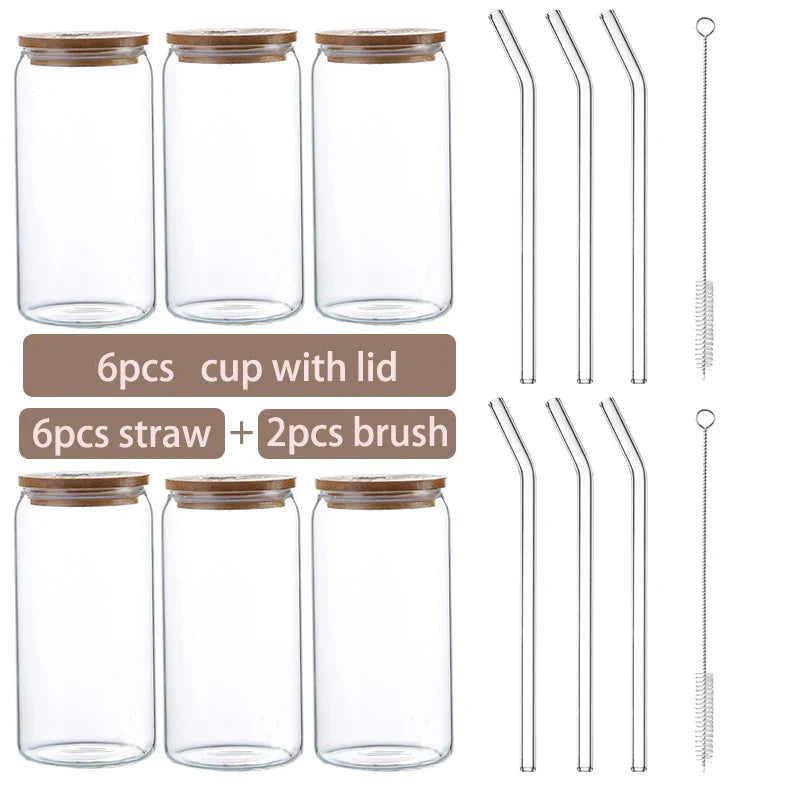 DecorBites™ Glass Cup Set with Bamboo Lid: Bubble Tea, Coffee, Wine, Milk Tea Mug.