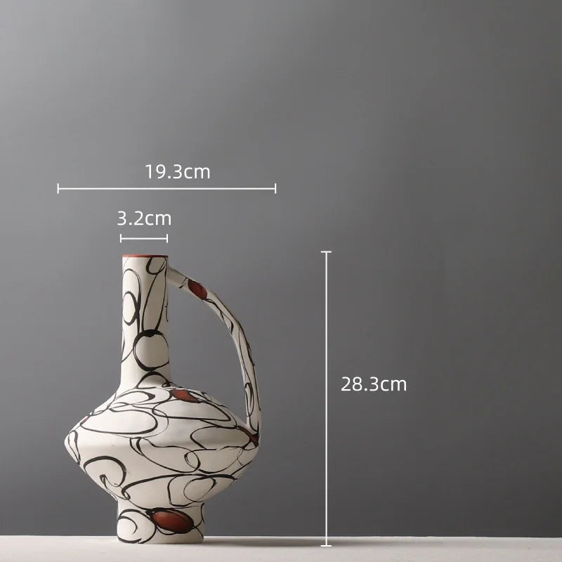 DecorBites™ Geometric Graffiti Ceramic Vase with Handles for Home Decor and Floral Arrangements.